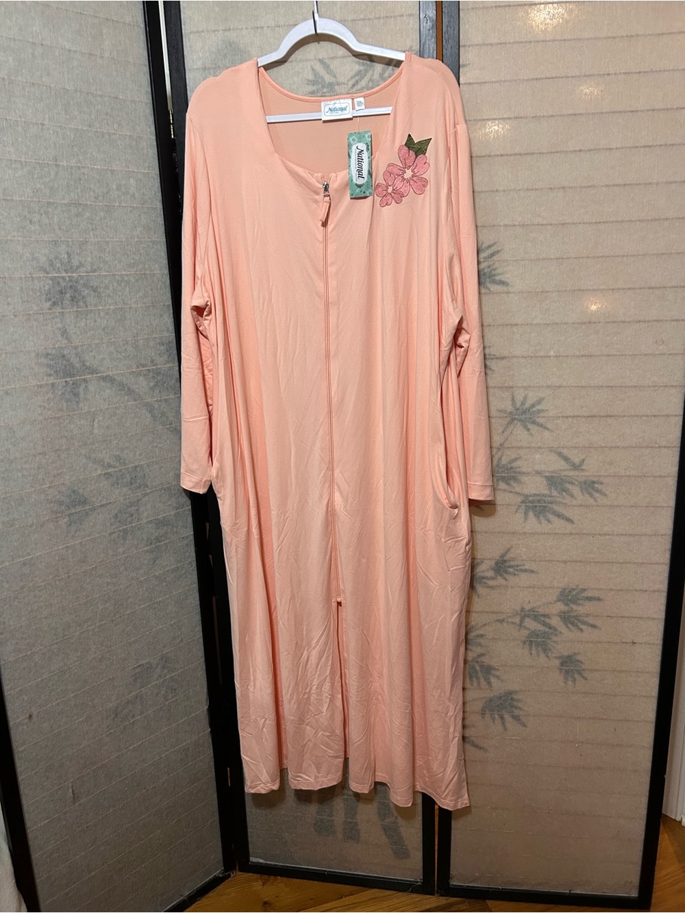 National Long Robe House Dress Peach Full Front Zip Stretchy 2XL Slit Sides NWT